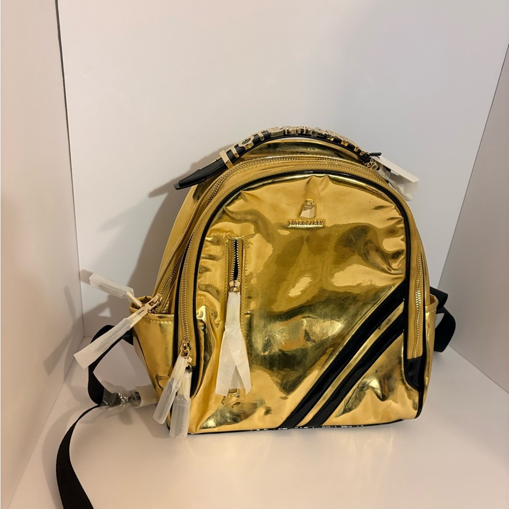 Tote&Carry Shiny Gold Backpack with Black Accents